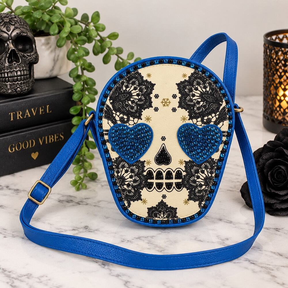 OOAK Hand Embellished Sugar Skull Rhinestone Crossbody Purse Blue Gothic